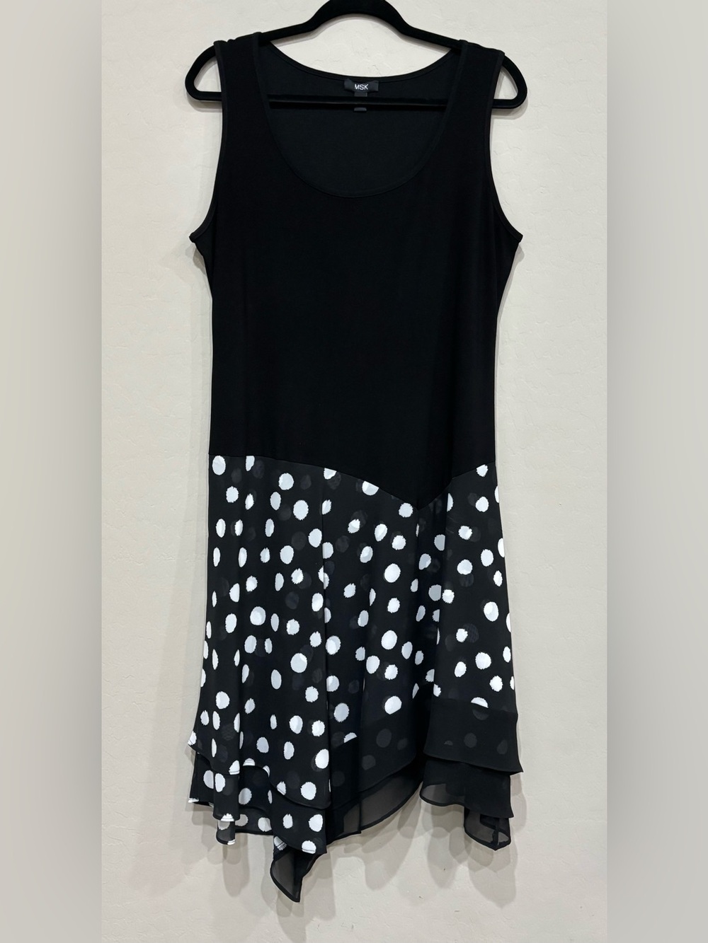 MSK Black Tank Dress, Polka Dot Chiffon Skirt, L